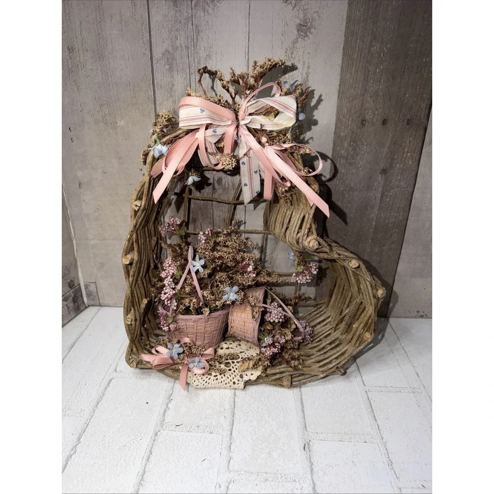 Twig Heart Wreath Primitive Rustic Country Cottage Pink Floral Basket Wall Decor